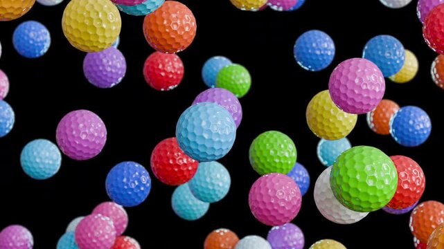 Colorful golf balls falling in seamless loop. Bright sports animation with alpha channel on transparent background.