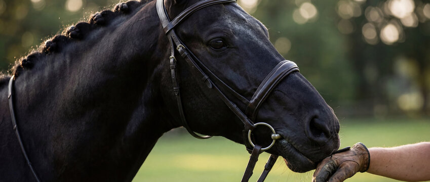 Black horse muzzle nuzzling human handler's hand