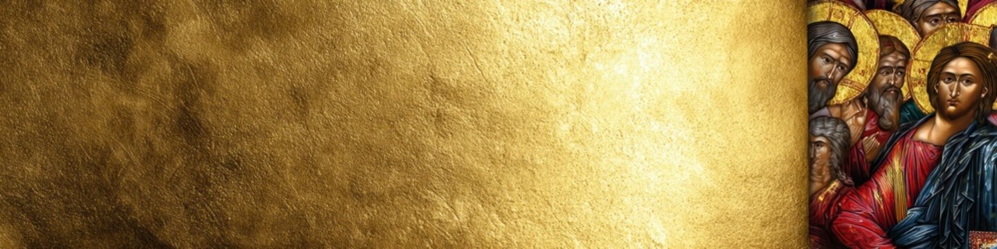 byzantine iconography, an opulent, wide web banner with a byzantine theme a close-up illustration of an antique hand-painted icon adorns the left, while the remainder features a seamless hammered