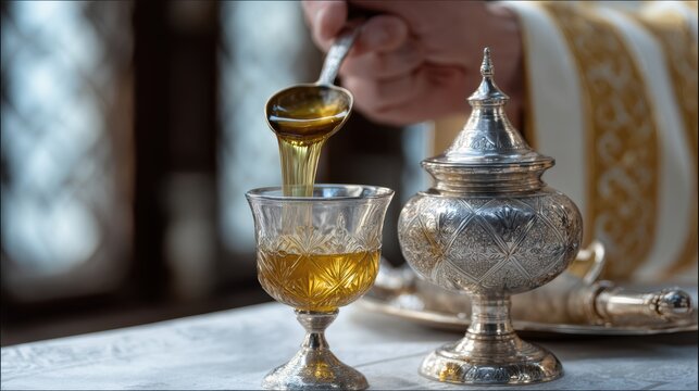 luxury religious ceremony, a luxury magazine captures the consecration of holy chrism silver ampullae with golden oil, a bishop adding balsam, soft morning light
