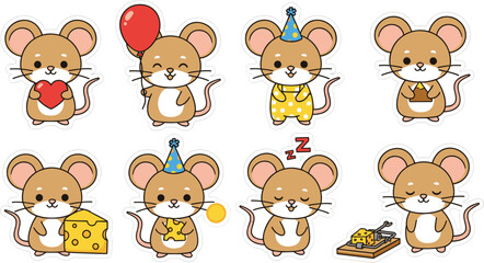 Obraz premium Colorful vector illustration of cute brown mouse in playful cartoon poses with heart, balloon, cheese, party hat, and sleeping