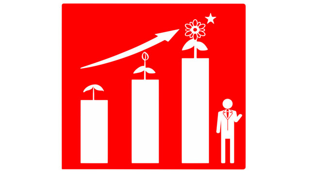 働きがいと経済成長のグラフアイコン（赤背景・SDGs ゴール8・花が咲く・ベクター素材）；Decent work and economic growth graph icon. Red background SDGs Goal 8 concept with blooming flower from bar chart. Vector.
