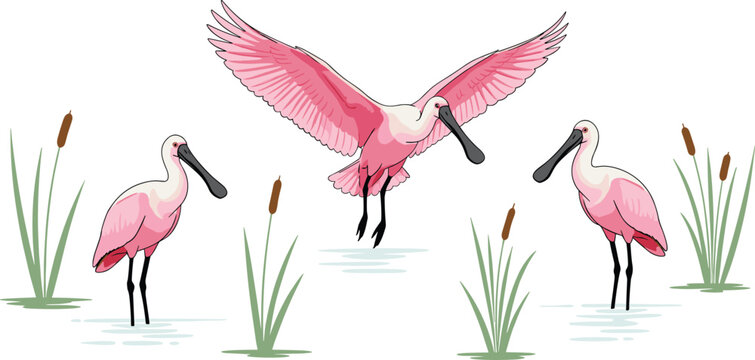 Colorful vector illustration of roseate spoonbills in wetland habitat symbolizing wildlife, nature, and bird conservation