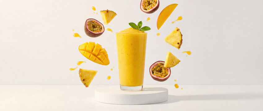 Healthy mango passion fruit pineapple smoothie splash