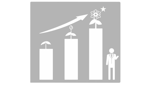 働きがいと経済成長のグラフアイコン（モノクロ・白黒・SDGs ゴール8・花が咲く・ベクター素材）：Monochrome decent work and economic growth graph icon. Black and white vector SDGs Goal 8 concept. Vector.