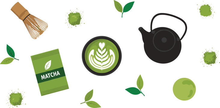Elegant Japanese matcha tea ceremony illustration with teapot, bamboo whisk, latte art, green leaves, and powder accents