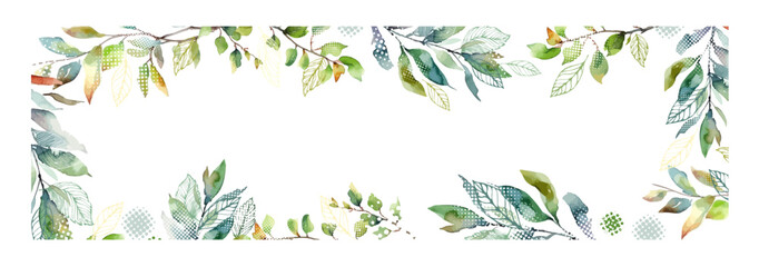 Naklejka premium A horizontal frame with green watercolor branches. Spring Hand drawn. Not AI, vector illustration.