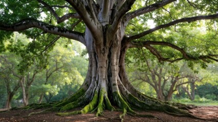 Obraz premium Massive tree with moss covered base in sunlit grove