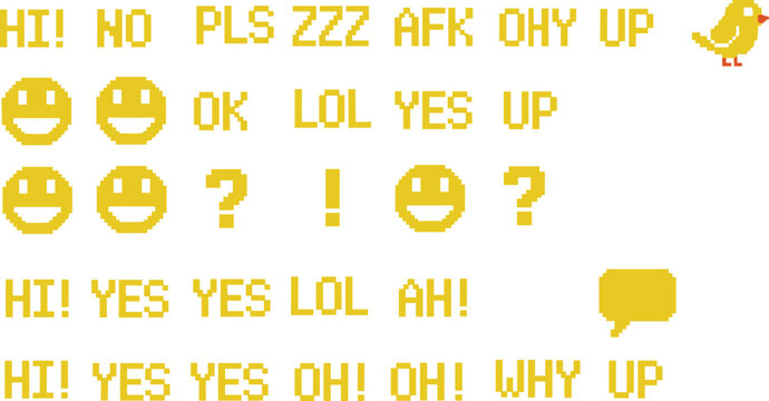 Pixel art vector illustration of retro yellow text icons with internet slang expressions and emoticons for digital design