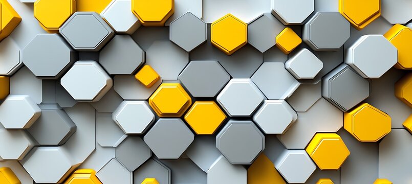 Modern geometric pattern featuring silver and yellow hexagons in a 3d rendered abstract design