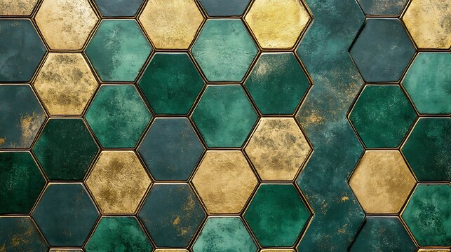 Luxurious green and gold hexagonal tile pattern with metallic finish for interior design and architectural applications
