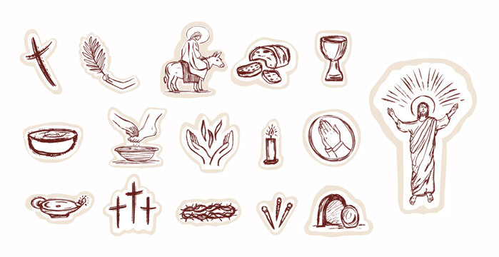 Easter Holy week religious christian easter icon set with bible crosses, Jesus crown of thorns , crucific catholic symbol set. Hand drawn isolated vector motif illustration for church sticker card