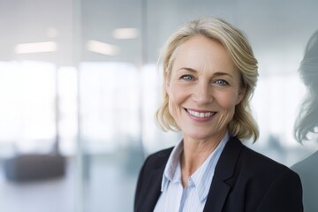 Fototapeta premium A smiling Caucasian businesswoman wearing a suit and glasses in an office setting.