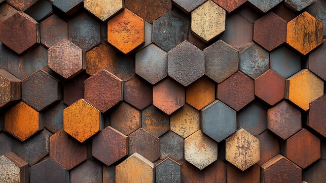 Rustic metal hexagonal tiles arranged in a textured pattern with earthy tones and varied rust effects