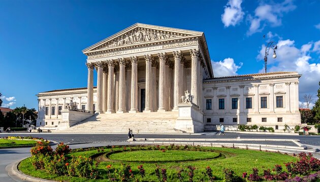 A grand classical building, with columns and statues, under a clear blue sky. A sunny day at a well-manicured structure