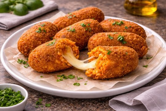 Krosse Suppl&igrave; mit Mozzarella und cremiger K&auml;sef&uuml;llung
Goldbraun gebackene Suppl&igrave; mit w&uuml;rziger Reisf&uuml;llung und geschmolzenem Mozzarella, italienische Spezialit&auml;t rustikal angerichtet.