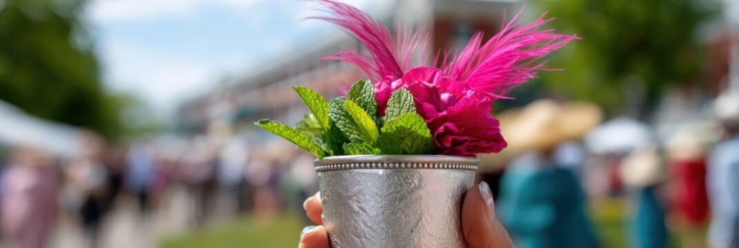 spring fashion show, a chic woman in a detailed fascinator and holding a mint julep against a blurred churchill downs crowd bright, airy, and cheerful spring colors