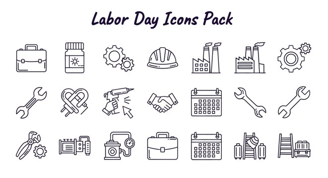 Labor Day icons pack with various tools and equipment on a table indoors