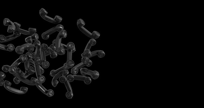 3D retro telephone handset transition animation with multiple classic receiver objects moving across the screen. Ideal for vintage communication themes, nostalgic edits, broadcast graphics, and motion