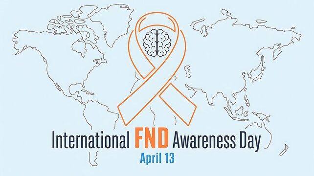 International FND Awareness Day ribbon with brain illustration over world map