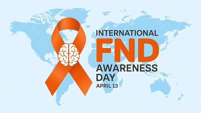 International FND Awareness Day Orange Ribbon with Brain Icon on World Map