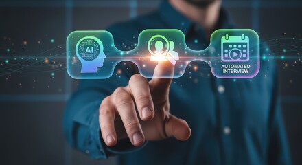 Businessman interacting with colored floating icons that represents AI powered recruitment platform visualizing candidate matching and automated interview scheduling for high growth corporate teams