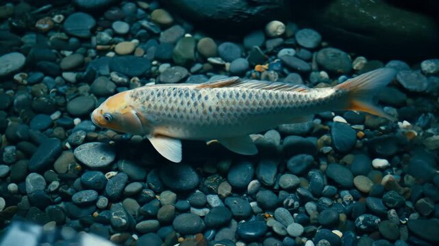 Koi swims underwater in a pond with stones on the bottom.