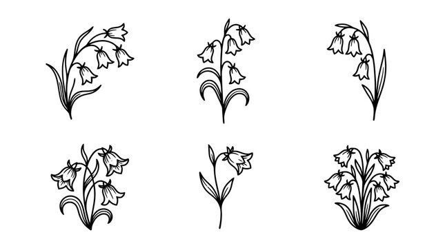 bluebell line vector set. black color sketches style on white background. Vector illustration.