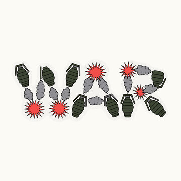 War concept with green grenades and smoke bombs exploding in red blasts  violence and conflict