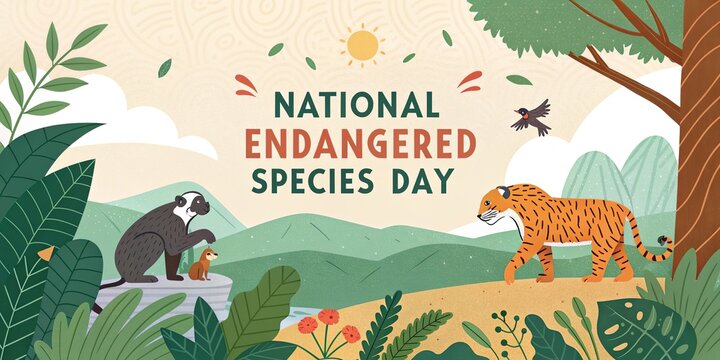 Endangered wildlife elephant and tiger in tropical nature for national species day