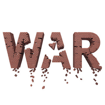 3D brick wall text spelling out war with falling bricks isolated on white background