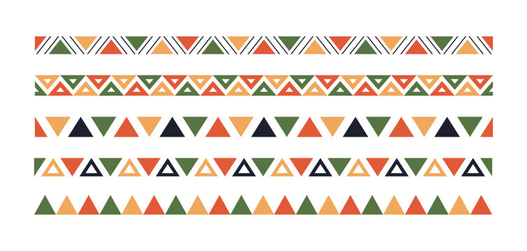 Mexican pattern line border. African ethnic motif border. Aztec triangular ornament line stripe. Mexican or African ethnic culture ornament. Vector illustration isolated on white background.