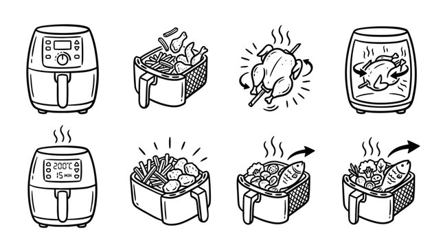 digital air fryer line vector set. black color sketches style on white background. Vector illustration.