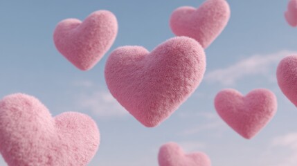 Obraz premium Pink sugar hearts floating in the sky against a blue backdrop. Perfect for Valentine's Day or as sweet treats.