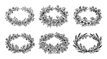 Obraz premium flower crown line vector set. black color sketches style on white background. Vector illustration.