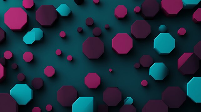 Abstract geometric pattern featuring various sized octagons and hexagons in vibrant colors on a dark teal background
