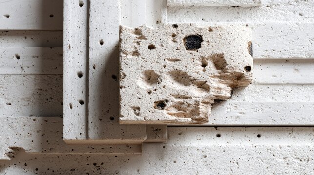 Textured layers of light colored, porous stone elements create an architectural facade detail.