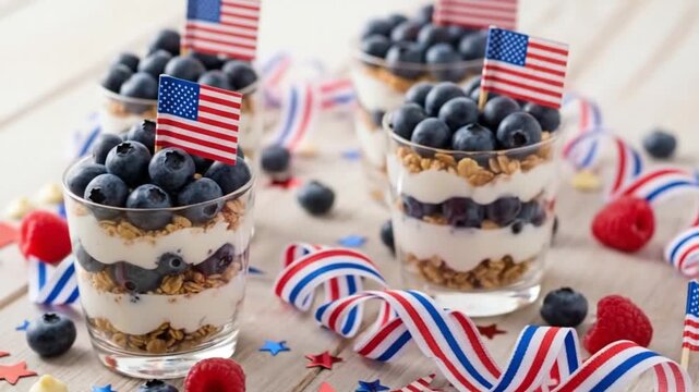 Patriotic dessert parfait layers in glass