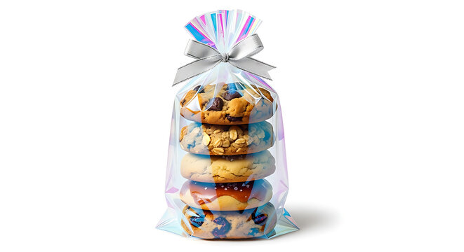 A clear plastic bag filled with assorted cookies and tied with a silver ribbon on white background