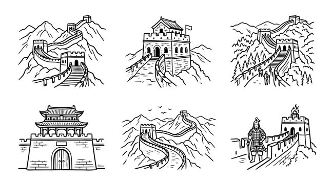 great wall of china line vector set. black color sketches style on white background. Vector illustration.