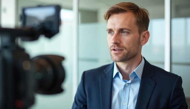 Man in suit speaks to camera in modern office. Pro interview recording for business media. Executive shares insights on corporate news. Focused on communication.