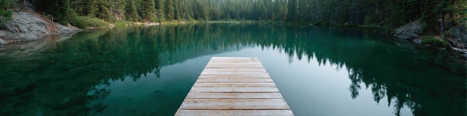 Fototapeta premium Wooden dock extending into calm emerald lake with forest reflection misty atmosphere and glassy water leading to tranquil shoreline