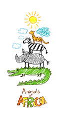Fototapeta premium Cartoon Set of African animals for children's drawings. Original bookmark Hand drawn. Not AI, vector illustration.
