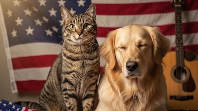 Cat and dog portrait with American flag and guitar