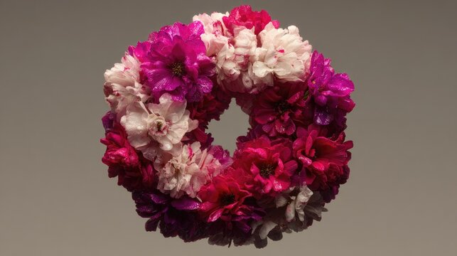 Circular arrangement of vibrant pink and white blossoms appears suspended against a muted background