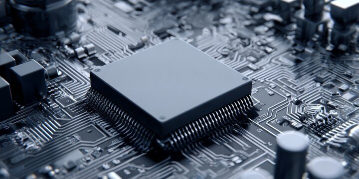 A complex semiconductor microprocessor chip on a circuit board with wires and resistors