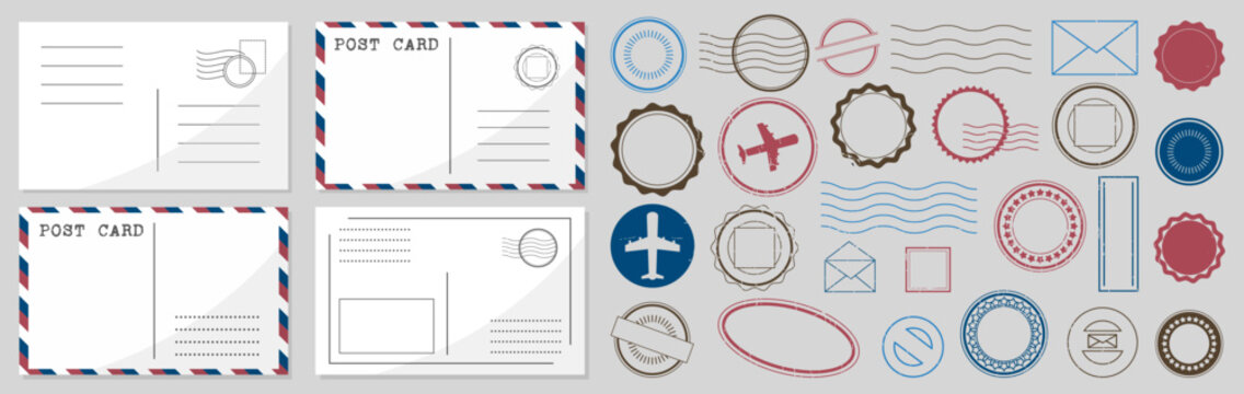 Postcard templates collection. Vintage mail cards with stamps and postal elements. Retro layouts for travel, message and correspondence design