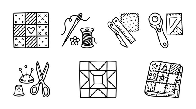 quilting patchwork line vector set. black color sketches style on white background. Vector illustration.