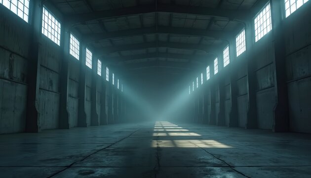 Empty industrial warehouse with rows of windows casting light beams across the floor. Vast concrete hall interior with a perspective vanishing point. Moody atmospheric dim lighting.