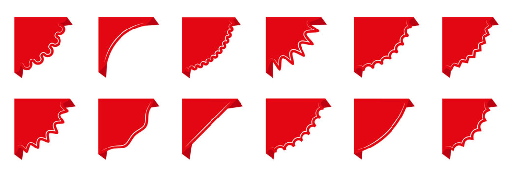 Corner ribbons collection. Red folded paper shapes with curved decorative edges. Promotional stickers for sale tags and price labels design
